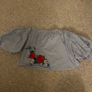 Off the shoulder puff sleeve striped top